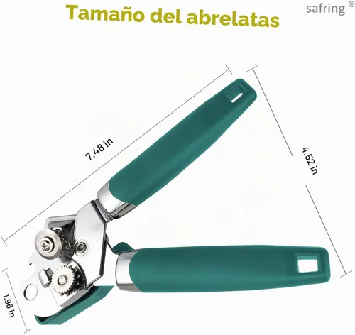 Vista 2 de Safring Abrelatas manual, de mano de acero inoxidable resistente y resistente, mango cómodo, borde liso de hoja afilada, abrelatas con abrebotellas