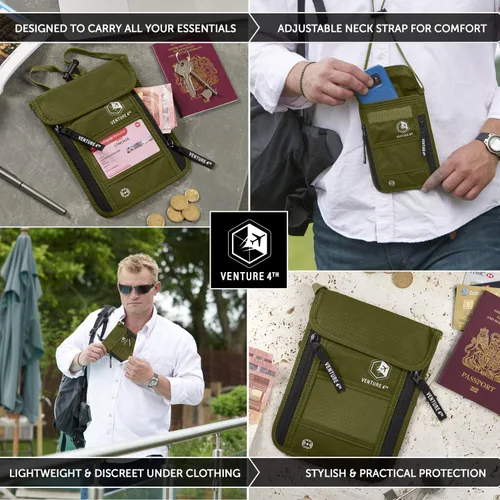 Vista 4 de Cartera de viaje para el cuello con bloqueo RFID, bolsa de cuello para pasaporte para hombres y mujeres para mantener los documentos seguros, Verde