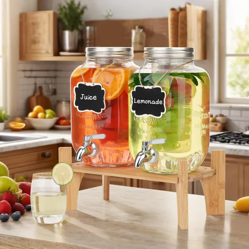Vista 5 de Juego de 2 dispensadores de bebidas de vidrio para fiestas, dispensadores de bebidas de hielo de 1 galón con soporte, dispensador de jugo