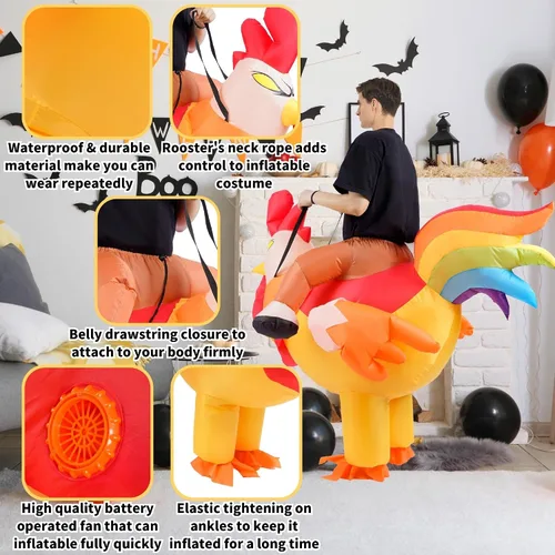 Vista 4 de Disfraz inflable de pollo para adultos, traje de gallo inflable para Halloween, divertido disfraz de animal para hombres y mujeres