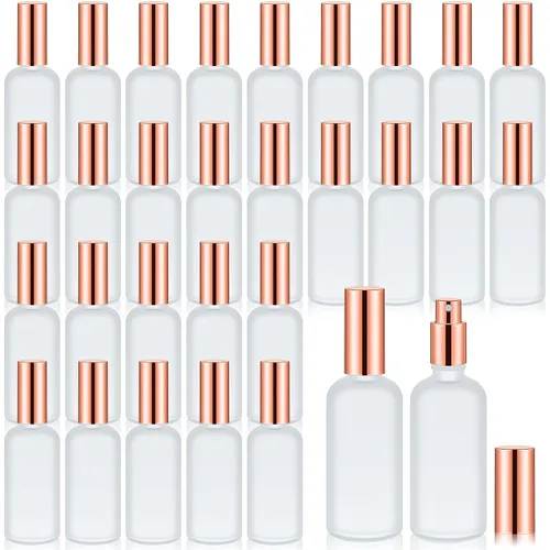 Vista 31 de Roshtia 30 botellas vacías decorativas transparentes de 0.33 onzas fluidas de color madera de haya con atomizador de perfume recargable, con bomba