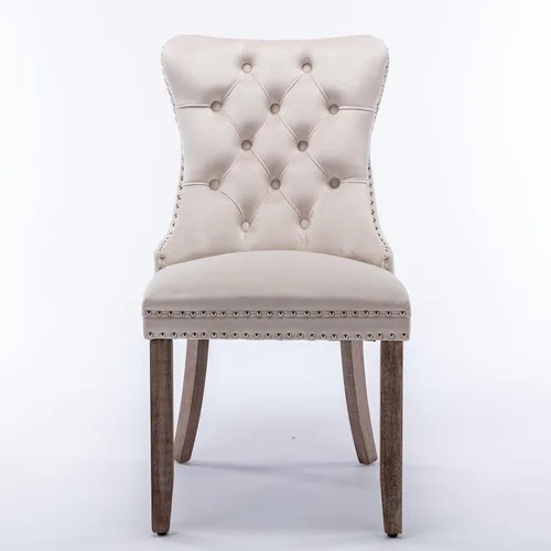 Vista 6 de Juego de 2 sillas de comedor con respaldo de ala de terciopelo copetudo, sillas laterales tapizadas, patas de madera maciza (beige)