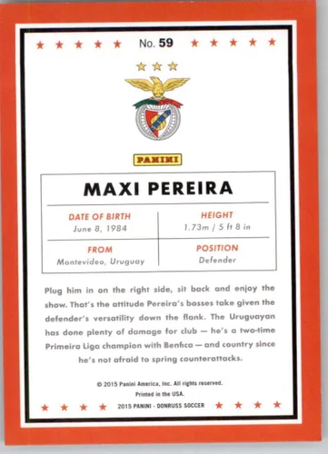 Vista 2 de 2015 Donruss Gold Press Proof #59 Maxi Pereira SER/99 Benfica Official Futbol/Soccer Card in Raw (NM or Better) Condition