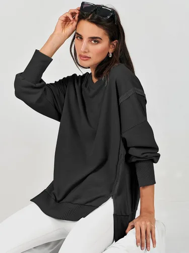 Vista 6 de Caracilia Sudadera de gran tamaño para mujer, cuello redondo, manga larga, sudadera con capucha, ropa de otoño a la moda