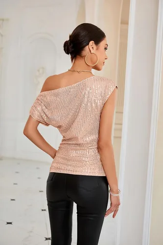 Vista 3 de GRACE KARIN Blusas brillantes de lentejuelas de un hombro para mujer, con purpurina asimétrica fruncida, adelgazante, camisas de fiesta brillantes