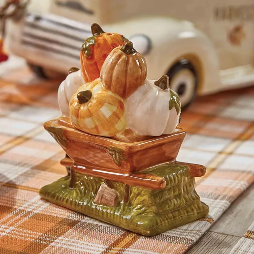 Vista 2 de Park Designs Punkin' Patch - Juego de sal y pimienta Coctelera de cerámica para decoración de granja de otoño Accesorios de mesa rústicos