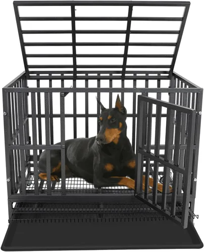 Vista 11 de Confote Jaula de metal resistente de 37 pulgadas, jaula para mascotas de alta ansiedad con ruedas bloqueables y puertas dobles para perros pequeños