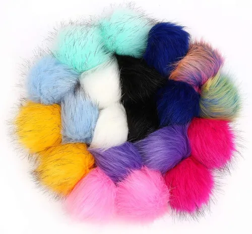 Vista 7 de 20 pompones de piel sintética coloridos, pompones de piel esponjosa de 4 pulgadas con lazo elástico para sombreros de punto, guantes, bolsas