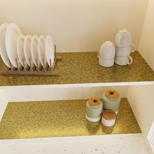 Vista 4 de Papel tapiz metálico dorado hexagonal para cocina y baño, papel de contacto geométrico moderno texturizado para estantes de gabinete, despegar