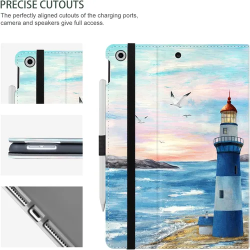 Vista 4 de Funda para iPad de 9ª/8ª/7ª generación, para iPad 10.2 funda de 10.2 pulgadas, soporte para lápices, correa de mano, bolsillo, rayas Azul Romántico