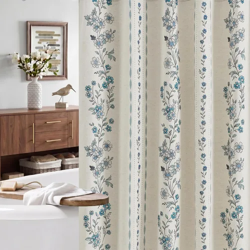 Vista 12 de ORTIGIA Cortinas de ducha negras para baño, juego de cortina de ducha moderna de lino con ganchos de metal, floral, impermeable, vintage, tela