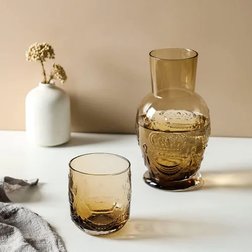 Vista 4 de Retro Crown Relief - Jarra de agua de noche de cristal transparente con vaso, jarra y taza de noche
