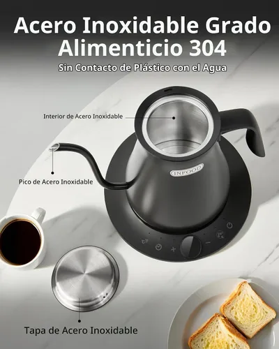 Vista 4 de INFOOD Hervidor eléctrico de cuello de cisne de 0.8L, control de temperatura preciso para café de goteo y té, ebullición rápida de agua de 1200W