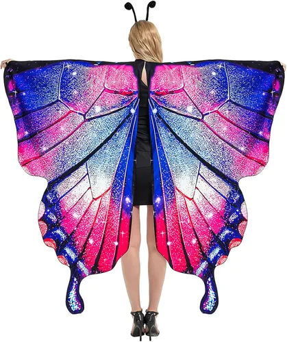 Vista 2 de Disfraz de mariposa de Halloween para mujeres y niñas, tamaño grande, alas de mariposa reversibles de doble cara para adultos y niños