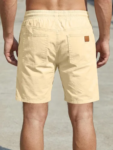 Vista 2 de JMIERR Pantalones cortos casuales de algodón con cordón de verano para la playa de sarga elástica chino golf corto con bolsillos Beige