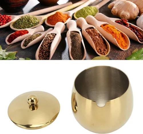 Vista 3 de Tarro grande de acero inoxidable con tapa de almacenamiento para sal caramelo, café, lavavajillas, azúcar, sal, especias, crema, edulcorante (dorado)