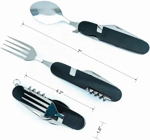 Vista 2 de Juego de cubiertos multifunción 6 en 1 para acampar, cuchara desmontable, tenedor, cuchillo, kit combinado con bolsa de transporte