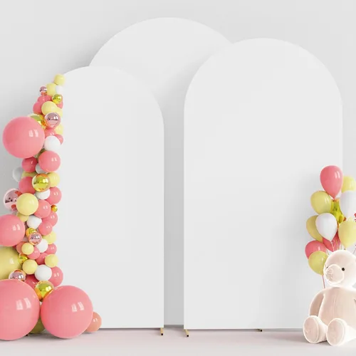 Vista 6 de Wokceer - Juego de 3 fundas de arco para telón de fondo, color beige 6FT,5FT,4FT Spandex Fitted Balloon Arch Cover Round Top Chiara Backdrop Cover