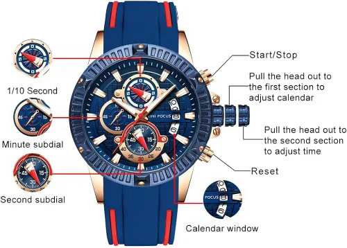 Vista 5 de MF MINIFOCUS - Reloj para hombre resistente al agua con cronógrafo reloj análogo de cuarzo color azul y correa de silicona moderna