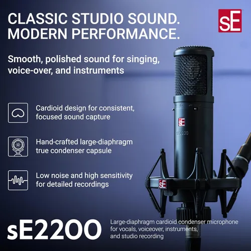 Vista 2 de SE ELECTRONICS sE2200 Micrófono de condensador cardioide de diafragma grande con soporte de choque y filtro - Micrófono condensador XLR para voces
