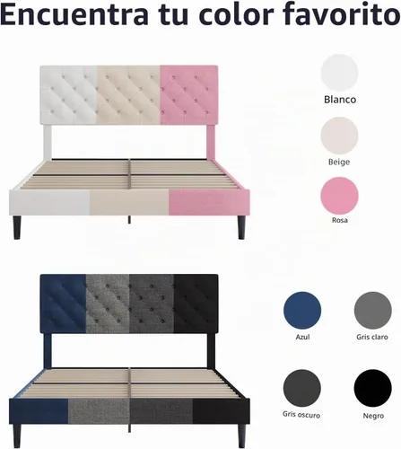 Vista 8 de BarnFurin Marco de cama tamaño completo con cabecero, cama de plataforma tapizada con cabecera acolchada con botones ajustables, marco de cama