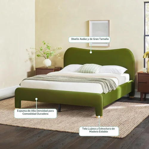 Vista 3 de Walker Edison Chantelle - Cama Queen tapizada moderna curva, tamaño Queen, terciopelo verde