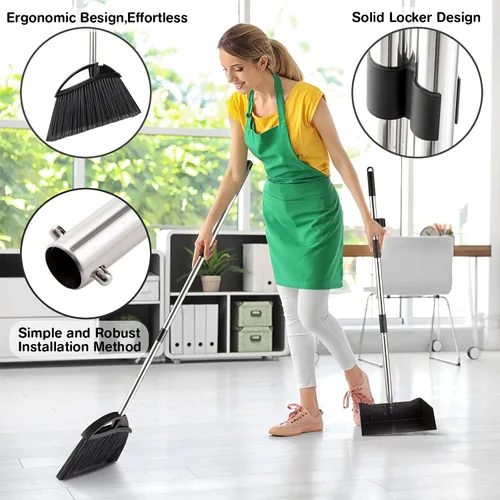 Vista 3 de Yangbaga Juego de recogedor y escoba de mango largo para el hogar, recogedores y escobas de metal resistente, diseño de pie vertical, escoba