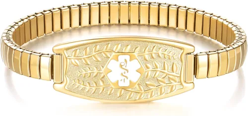 Vista 15 de Pulsera de Alerta Médica Elástica Oliva Divoti – Etiqueta de ID de Acero Inoxidable Grabada Personalizada – Hipoalergénica, Sin Cierre