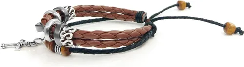 Vista 6 de Suyi brazalete ajustable con varias capas, de cuero tejido trenzado con cruz. Pulsera tipo esclava.