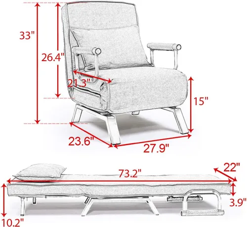 Vista 3 de Sofá cama plegable con brazos convertibles, sillón reclinable de ocio con almohada y respaldo ajustable de 5 posiciones para oficina en casa