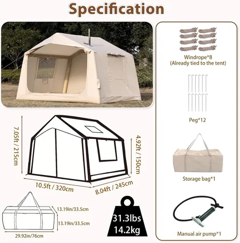 Vista 7 de Inflatable Camping Tent with Hand Pump Waterproof Outdoor Blow up Tent 2-8 Person Oxford 4 Season Glamping Air Tent Cabin House with Mesh Windows &