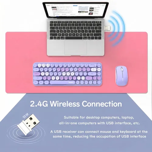 Vista 11 de Combo compacto de teclado y mouse inalámbricos, teclas redondas coloridas, 68 teclas sin sonido, adecuado para niñas y niños, compatible con Azul