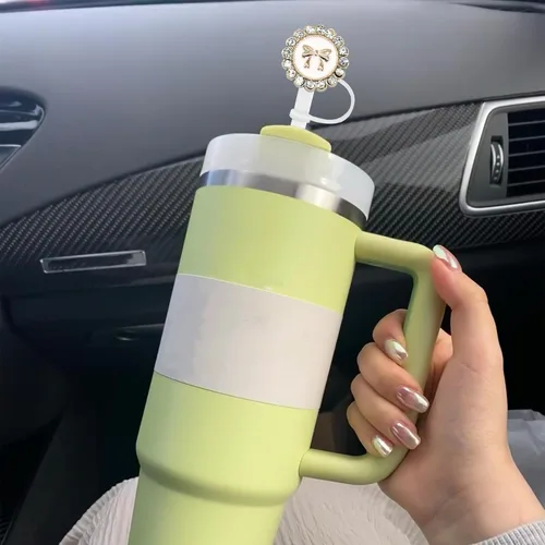 Vista 2 de Funda de popote para vaso Stanley de 40 onzas, 30 onzas, perlas brillantes, bonitos accesorios de taza de silicona a prueba de fugas reutilizables