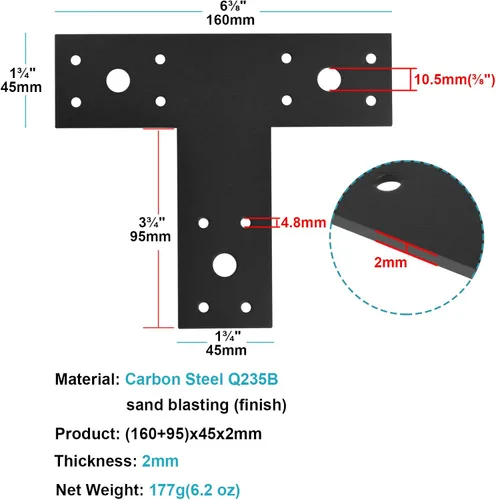 Vista 2 de Soporte en T de 8 piezas, conector de correa en T, calibre 14 1-3/4" Ancho
