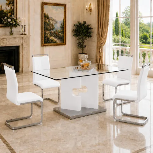 Vista 9 de Ebullient Juego de mesa de comedor de cristal de 63 pulgadas para 6, mesa de comedor de vidrio negro y base de MDF, mesa de cocina rectangular Mesa