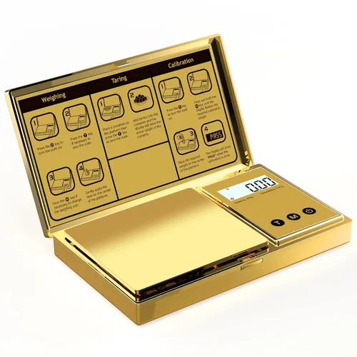 Vista 6 de Báscula digital Gram 7.05 oz x 0.00 oz, báscula de bolsillo chapada en titanio dorado con pantalla LCD retroiluminada, 6 unidades, tara, apagado