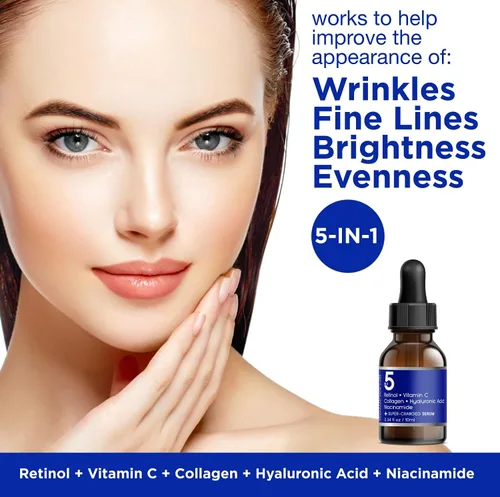 Vista 4 de Potente suero facial 5 en 1 con retinol, vitamina C, colágeno, ácido hialurónico, niacinamida. Puede ayudar a mejorar la apariencia de las líneas
