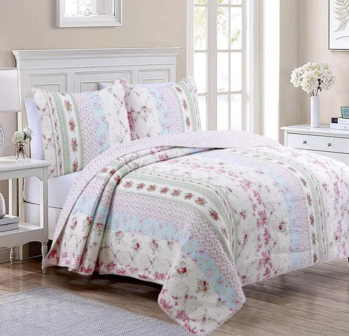 Vista 13 de Cozy Line Home Fashions - Juego de ropa de cama reversible de 100% algodón con diseño de patchwork real, estilo cottage francés, floral, colcha