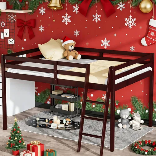 Vista 12 de VINGLI - Cama tipo loft baja de 47'' para junior con escaleras, cama de madera tamaño individual para adultos, niños y adolescentes jóvenes, sin