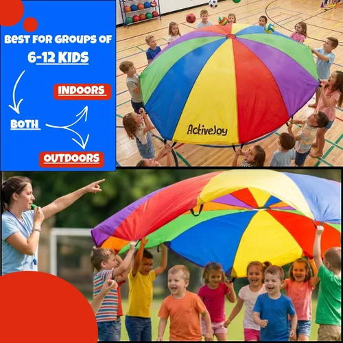 Vista 7 de Activejoy - Paracaídas para niños - 8 pies/12 pies/20 pies / 24 pies - Juguete de paracaídas arcoíris con asas - Ideal para clases de gimnasio, día