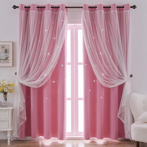 Vista 6 de indistar Cortinas opacas con recortes de estrellas para dormitorio de niña, cortinas de oscurecimiento para habitación de bebé, cortinas