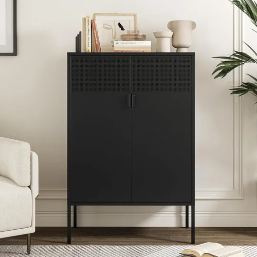 Vista 22 de Chshin Gabinete de Almacenamiento de Metal con Puertas, Gabinete de Acento Negro, Gabinetes de Almacenamiento de Clóset de Metal, Soporte de Medios