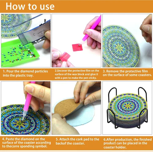 Vista 5 de Kit de posavasos de arte de diamante con soporte, 8 posavasos de arte de diamante para adultos, niños, principiantes, regalos de manualidades (donas)