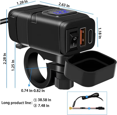 Vista 2 de Ankuee Cargador de teléfono USB para motocicleta, adaptador SAE a USB impermeable con voltímetro e interruptor de encendido/apagado, cargador doble