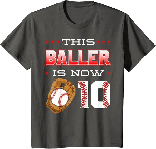 Vista 46 de This Baller Is Now 10 - Camiseta de béisbol para fiesta temática de cumpleaños número 10, Negro
