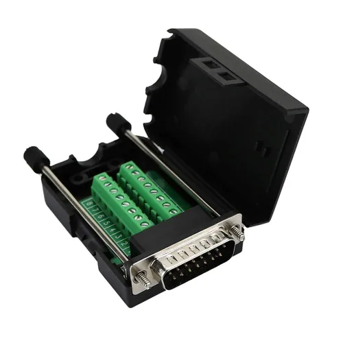 Vista 5 de DB15 macho D-SUB 15 Pin Jack Puerto a Terminal Breakout Board Connector, enchufe de 2 filas con estuche
