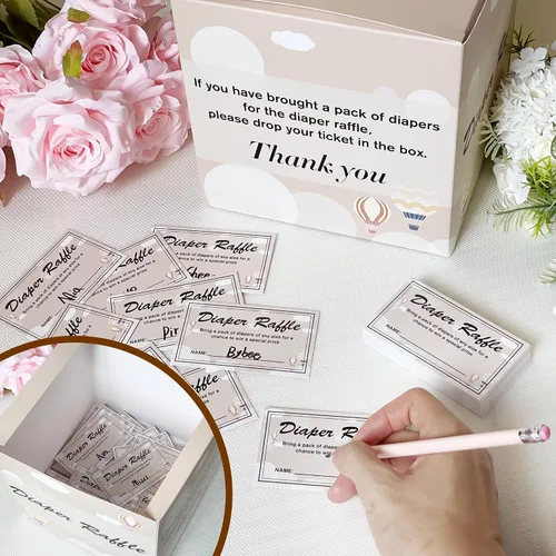 Vista 5 de Juego de juegos de baby shower: Pin the Sticker en el juego de pañales y 50 boletos para rifas de pañales con caja para decoraciones de fiesta