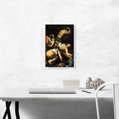 Vista 2 de ARTCANVAS Caravaggio - Póster de la Crucifixión de San Pedro 1600, pintura enmarcada estirada, póster giclée, decoración de pared, 18 x 12 pulgadas