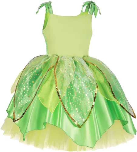Vista 4 de IMEKIS Disfraz de princesa de hadas para niñas con alas de hadas verdes para niños, Halloween, cosplay, cumpleaños, conjunto
