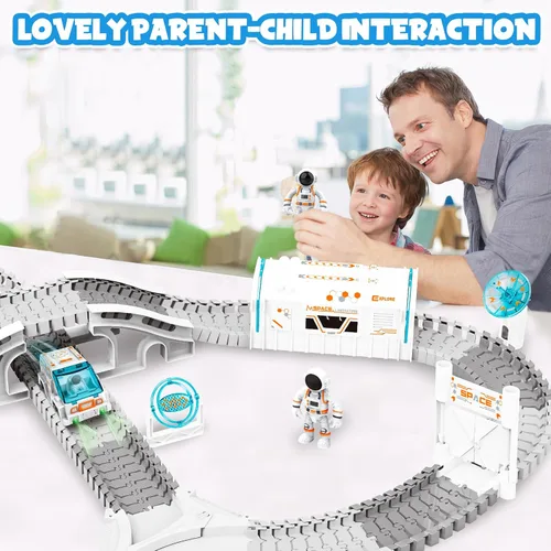 Vista 7 de KIZJORYA Pista de carreras de construcción, juego de pistas de tren espacial, 205 piezas, juego de pistas flexibles para niños de 4 a 7 años